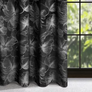 Zasłona czarna w srebrne kwiaty z błyszczącego welwetu 140x300 cm taśma - STELLA