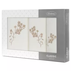 Zestaw ręczników bawełnianych na prezent 3 szt kolor kremowy,beżowy z haftowanym motywem kwiatów 380g/m2 BLOSSOM