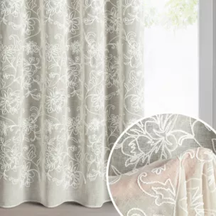 Zasłona beżowa z tkaniny o naturalnym wyglądzie zdobiona szenilowym haftem 140x250 cm przelotki - LILY