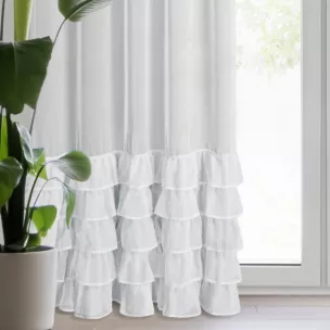 Firana biała z etaminy zdobiona falbanami i lśniącym pasem kryształków 140x250 cm przelotka CARLI