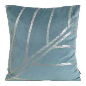 Poszewka na poduszkę 45x45 cm welwetowa niebieska z błyszczącym nadrukiem liści BLINK 38