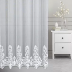 Firana szyta na taśmie fala biała z matowej, delikatnej tkaniny ADEN haftowanej, ornamentowy wzór