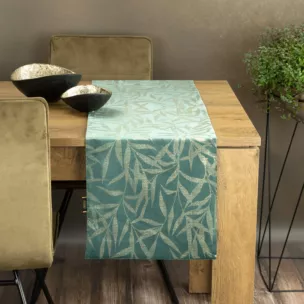 Bieżnik na stół ciemnomiętowo, złoty 35x180 cm welwetowy BLINK 15 z delikatnymi gałązkami