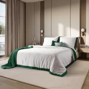 Pościel 160x200 cm bawełniana z makosatyny kolor biały, ciemnozielony z kontrastującą kantą Reina Line kolekcja FIORE