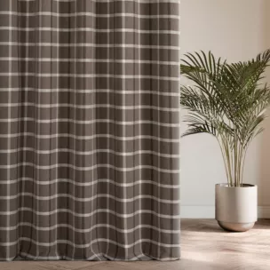 Zasłona szyta na tunelu brązowa z tkaniny o jodełkowym splocie z wzorem kraty