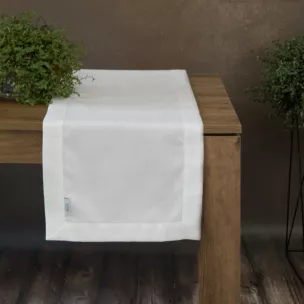 Bieżnik na stół biały 40x180 cm o płóciennym splocie BIANCA 1 z dodatkiem błyszczącej nici wykończony podwójną listwą na brzegach