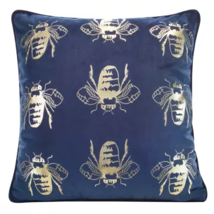 Poszewka na poduszkę 45x45 cm welwetowa, granatowo złocista z motywem pszczół BILNK