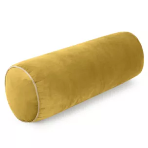 Poduszka dekoracyjna wałek 15 x 45 cm welwetowa musztardowa zdobiony kontrastującą lamówką GAJA