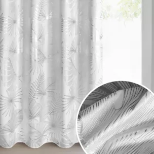 Zasłona  biało, srebrna zdobiona błyszczącym motywem egzotycznych liści 140x250 cm przelotki - ZARIA