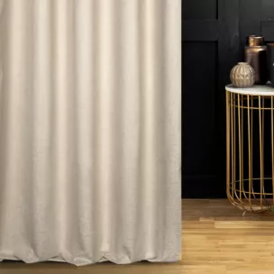 Zasłona szyta na taśmie 5 cm ciemnokremowo złocista z połyskującej tkaniny z geometrycznym, drobnym wzorem Pierre Cardin