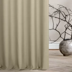 Zasłona szyta na taśmie 5 cm ciemnokremowa z tkaniny w stylu eko o naturalnym splocie