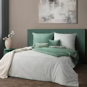 Pościel 140x200 cm komplet 2 częściowy z satyny bawełnianej kolor biało, miętowy w paseczki RAYA