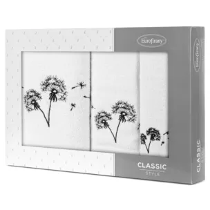 Zestaw ręczników bawełnianych na prezent 3 szt kolor biały, czarny z haftem kwiatów 400 g/m2 MOLI