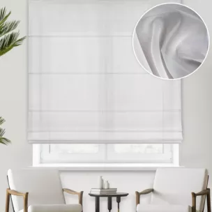 Roleta rzymska kremowa półprzezroczysta, matowa, z tkaniny typu batyst o niestandardowej wysokości 340cm, wykończona obciążnikiem