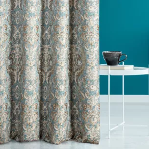 Zasłona szyta na taśmie 5 cm ALEPPO turkusowo złocista elegancka z dużym wzorem roślinno ornamentowym z połyskliwą nicią lureksową i efektem marszczenia