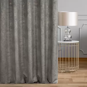 Zasłona szyta na flexach stalowo szampańska z tkaniny welwetowej z nadrukiem