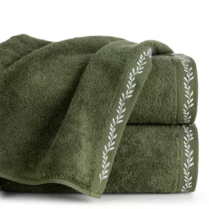 Ręcznik do rąk 30x50 cm bawełniany kolor oliwkowo, biały zdobiony haftowaną bordiurą 500 g/m2 SELENE