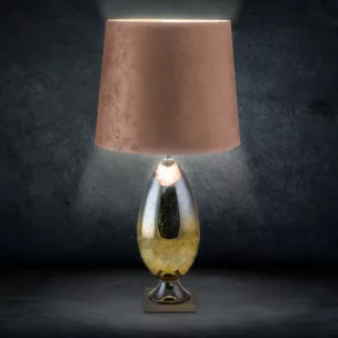 Lampa stołowa do salonu ceglasto, złota KAYLA na podstawie z metalu i szkła z welwetowym abażurem