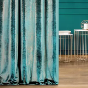 Zasłona szyta na taśmie fala turkusowo miedziana z welwetowej, miękkiej tkaniny, z połyskującym nadrukiem