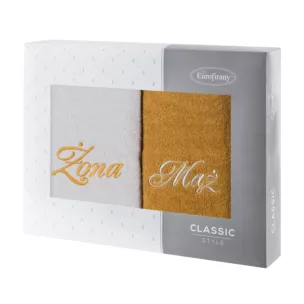 Zestaw ręczników bawełnianych na prezent 2 szt 70x140 cm z haftem Żona i Mąż kolor srebrny,musztarda 400 g/m2