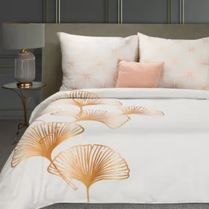 Pościel 160x200 cm bawełniana makosatyna kolor biały złoty z wzorem liści miłorzębu BLANCA 10 Limited Collection