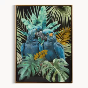 Obraz PARADISE 4 ręcznie malowany na płótnie papugi pośród egzotycznych kwiatów i liści oprawiony w ramę