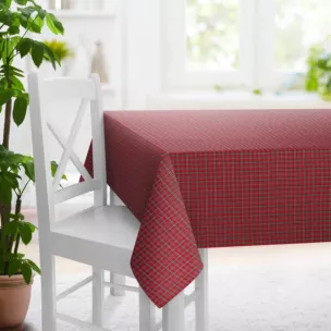 Obrus na wymiar czerwony z etaminy o geometrycznym wzorze w kratę, z dodatkiem bawełny