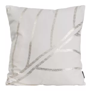 Poszewka na poduszkę 45x45 cm welwetowa biała z błyszczącym nadrukiem liści BLINK 38