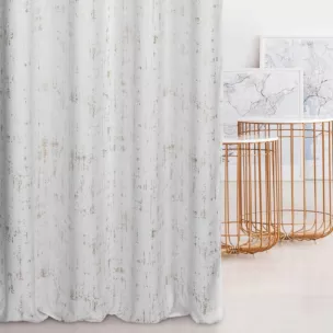 Zasłona szyta na taśmie 5 cm biało złocista z miękkiej tkaniny o strukturze weluru z połyskliwym nadrukiem