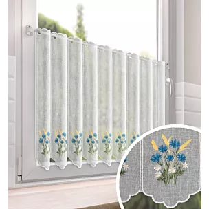 Tkanina firanowa zazdrostka zdobiona haftem polnych drobnych kwiatuszków