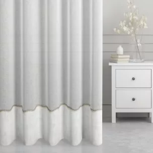 Firana szyta na taśmie 5 cm kremowo popielata z matowej etaminy wykończonej ozdobnym podwinięciem Italissima Eva Minge