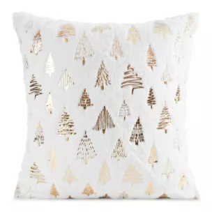 Poszewka na poduszkę świąteczna 45x45 cm biało, złota z przyjemnego futerka zdobiona nadrukiem choinek