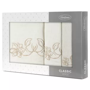 Zestaw ręczników bawełnianych na prezent 3 szt kolor kremowy, beżowy z haftem uroczych kwiatów 400 g/m2 LILA