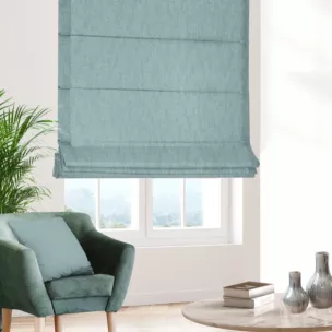 Roleta rzymska niebieska z tkaniny zaciemniającej typu dimout o naturalnym splocie, z efektem melanżu