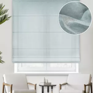 Roleta rzymska miętowa z gładkiej matowej etaminy o naturalnym splocie, wykończona obciążnikiem