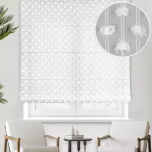 Roleta rzymska biała z delikatnej tkaniny z aplikacją i haftem