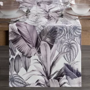 Bieżnik na stół biało, fioletowy 40x140 cm welwetowy DAVOS zdobiony nadrukiem egzotycznych liści DESIGN 91