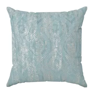 Poszewka szyta niebiesko złocista z grubej, welwetowej tkaniny z geometrycznym wzorem, zdobiona delikatnie połyskującym nadrukiem