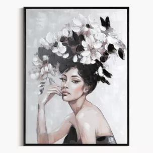 Obraz kremowo, czarny ręcznie malowanej kobiety z kwiatami na płótnie 60x80 cm