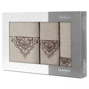 Zestaw ręczników bawełnianych na prezent 3 szt kolor beżowy, brązowy z haftem 400 g/m2 LAURA