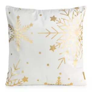 Poszewka na poduszkę  45x45 cm welwetowa biała zdobiona świątecznym nadrukiem szampańskich śnieżynek