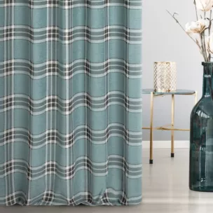Zasłona szyta na taśmie 5 cm miętowo naturalna z grubej, szenilowej tkaniny w elegancką kratę