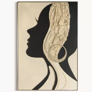 Obraz beżowo, czarny ręcznie malowany z motywem sylwetki kobiety oprawiony w ramę 82x122 cm Eurofirany