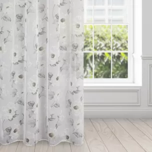 Firana biało, oliwkowa z matowej etaminy z kwiatowym motywem 140x250 cm przelotka BESSY