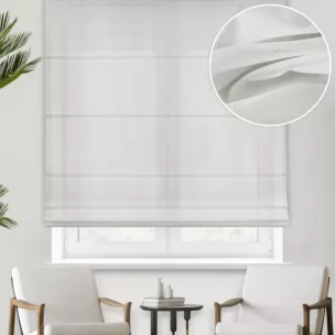 Roleta rzymska kremowa półprzezroczysta, z matowego woalu, o niestandardowej wysokości 340cm, wykończona obciążnikiem