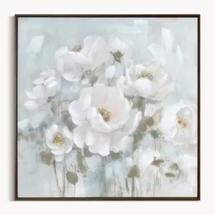 Obraz kremowo, błękitny ręcznie malowany w bukiet subtelnych kwiatów na płótnie 80x80 cm