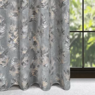 Zasłona welwetowa stalowo, szampańska z błyszczącym nadrukiem palmowych liści 140x250 cm przelotka - GLORIA