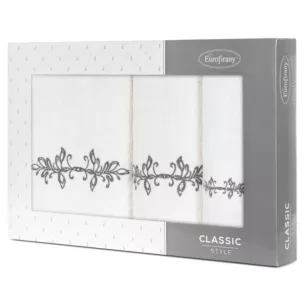 Zestaw ręczników bawełnianych na prezent 3 szt kolor kremowy,grafitowy z haftem z motywem ornamentu roślinnego 380g/m2 KAMELIA