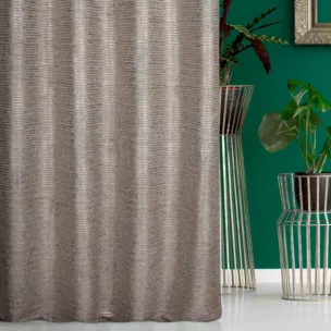 Zasłona szyta na taśmie 5 cm popielato złota z tkaniny o naturalnym splocie w pasy, z delikatnym połyskiem