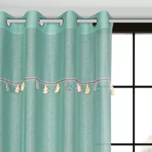 Firana miętowa z etaminy zdobiona taśmą dekoracyjną z wiszącymi trójwymiarowymi słonikami 140x250 cm przelotka KIDS
